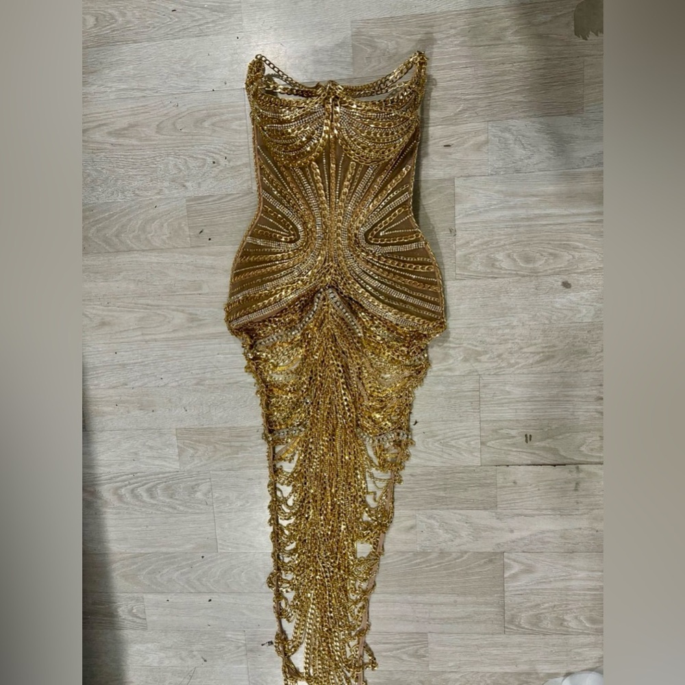 Stunning Designer Silver/Gold Evening Dress M - Picture 5 of 16